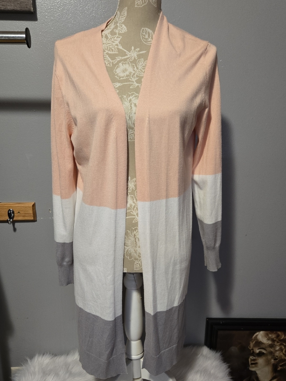 Women's Pink and Gray Colorblock Open Cardigan Sweater